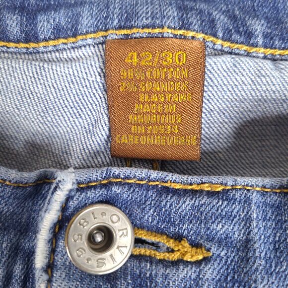 Orvis Jeans Mens 41 x 28.5 Blue Denim Straight Leg Distressed Cotton Blend - Picture 5 of 16